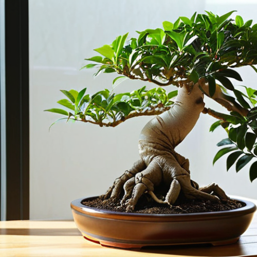 **A vibrant, healthy Ficus 'Ginseng' bonsai (Ficus microcarpa Ginseng) prominently displayed on a clean, light-colored wooden table indoors. Soft, natural sunlight streams through a nearby window, casting gentle shadows and highlighting the tree's details. The bonsai features a thick, gnarled trunk with visible, intriguing aerial roots and lush, dark green leaves. A subtle, serene atmosphere emphasizing robustness and easy care. High detail, natural light, clean composition, focus on the bonsai.**