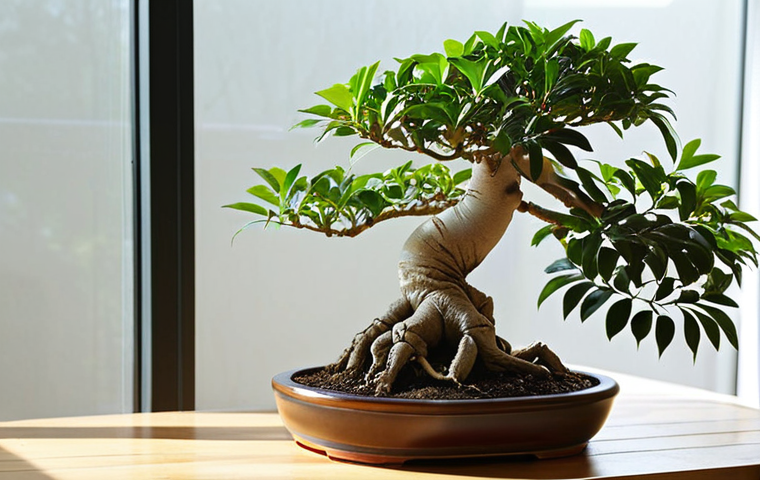**A vibrant, healthy Ficus 'Ginseng' bonsai (Ficus microcarpa Ginseng) prominently displayed on a clean, light-colored wooden table indoors. Soft, natural sunlight streams through a nearby window, casting gentle shadows and highlighting the tree's details. The bonsai features a thick, gnarled trunk with visible, intriguing aerial roots and lush, dark green leaves. A subtle, serene atmosphere emphasizing robustness and easy care. High detail, natural light, clean composition, focus on the bonsai.**