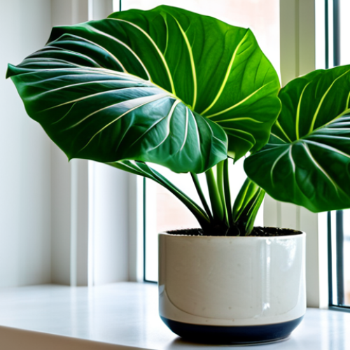 **

"A lush Alocasia 'Amazonica' plant in a stylish ceramic pot, sitting on a bright windowsill. The leaves are a deep green with prominent silver veins, fully clothed environment with plants, showcasing healthy growth. Background is a softly blurred living room interior, safe for work, appropriate content, professional indoor plants photography, perfect anatomy (of the plant), natural proportions, well-defined leaf structure, professional, modest, family-friendly"

**