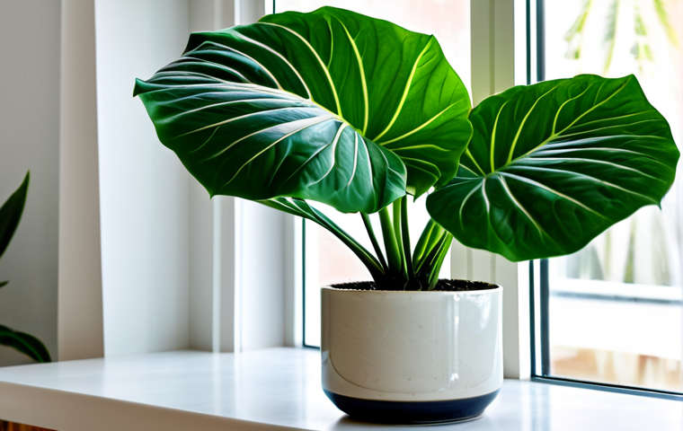 **

"A lush Alocasia 'Amazonica' plant in a stylish ceramic pot, sitting on a bright windowsill. The leaves are a deep green with prominent silver veins, fully clothed environment with plants, showcasing healthy growth. Background is a softly blurred living room interior, safe for work, appropriate content, professional indoor plants photography, perfect anatomy (of the plant), natural proportions, well-defined leaf structure, professional, modest, family-friendly"

**