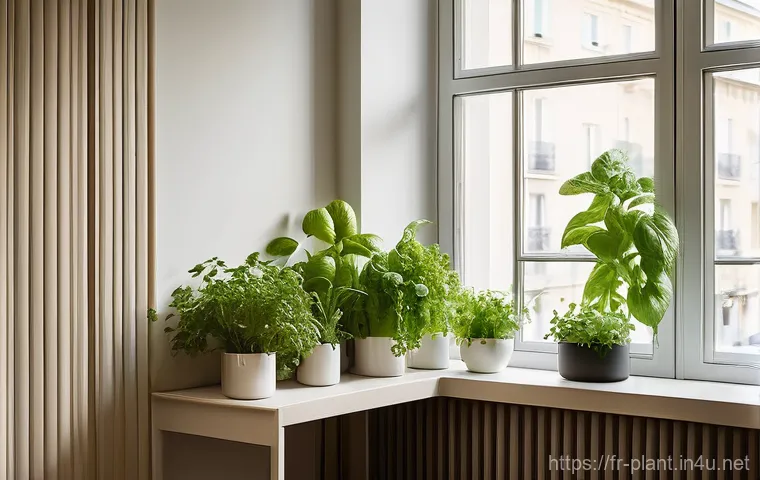 수경재배 화분 추천 - **Prompt:** A cozy and brightly lit corner of a modern Parisian apartment, showcasing a thriving, mu...