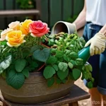 천연 식물 비료 만들기 - **"A passionate French gardener, a woman in her late 40s wearing practical gardening attire and stur...