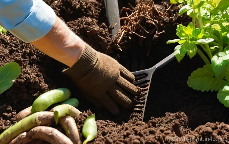 천연 식물 비료 만들기 - **"A passionate French gardener, a woman in her late 40s wearing practical gardening attire and stur...
