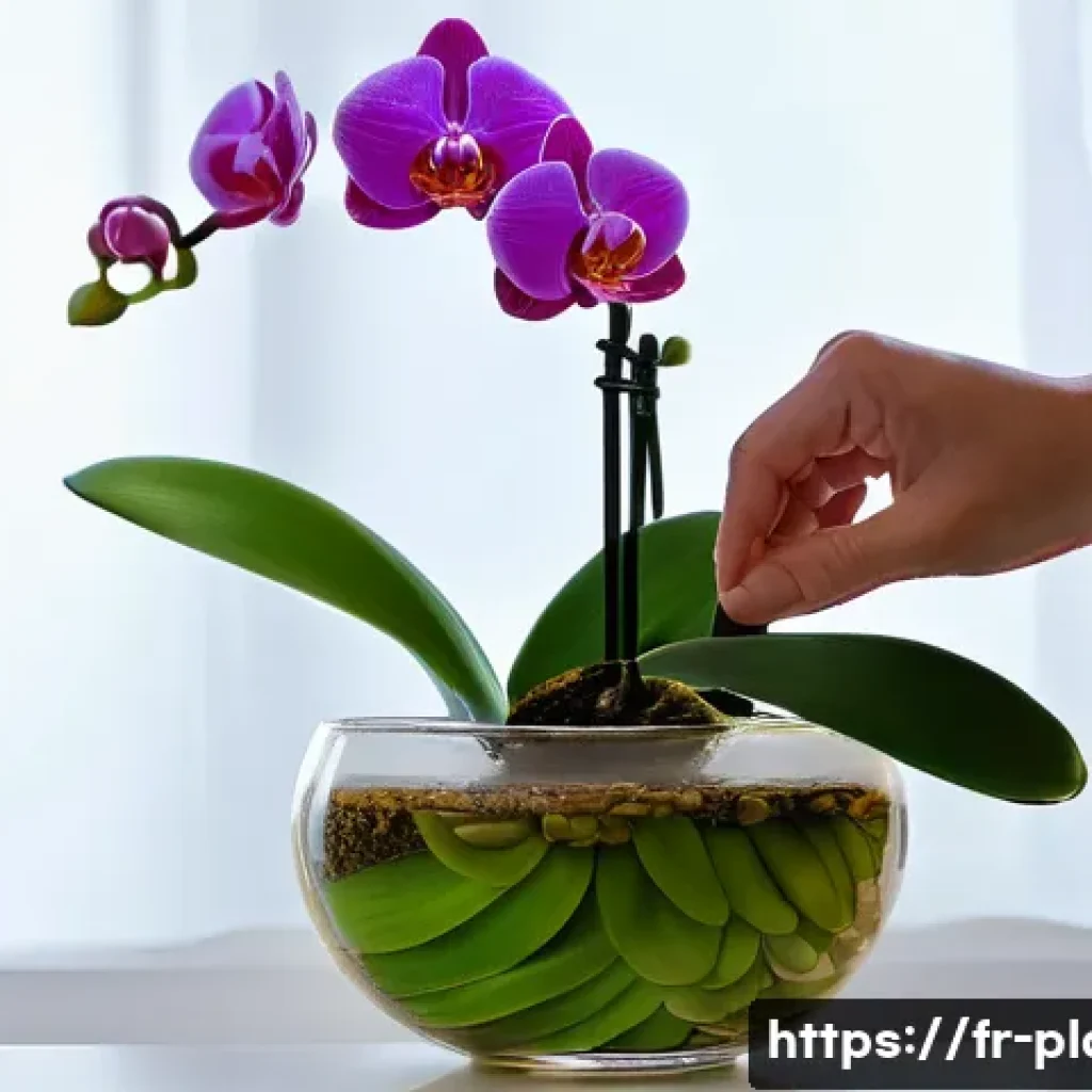 난초 꽃 오래 유지하는 법 - A serene indoor scene featuring a person gently performing the 'bath method' for a beautiful Phalaen...