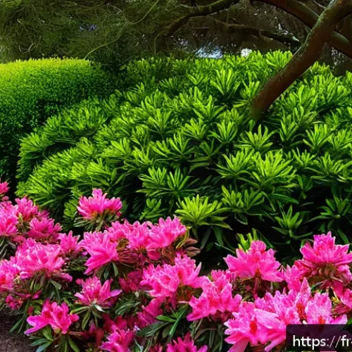 철쭉과 진달래 차이점 - A detailed close-up of an azalea shrub in a temperate French garden setting, featuring small, fine, ...