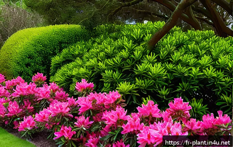 철쭉과 진달래 차이점 - A detailed close-up of an azalea shrub in a temperate French garden setting, featuring small, fine, ...