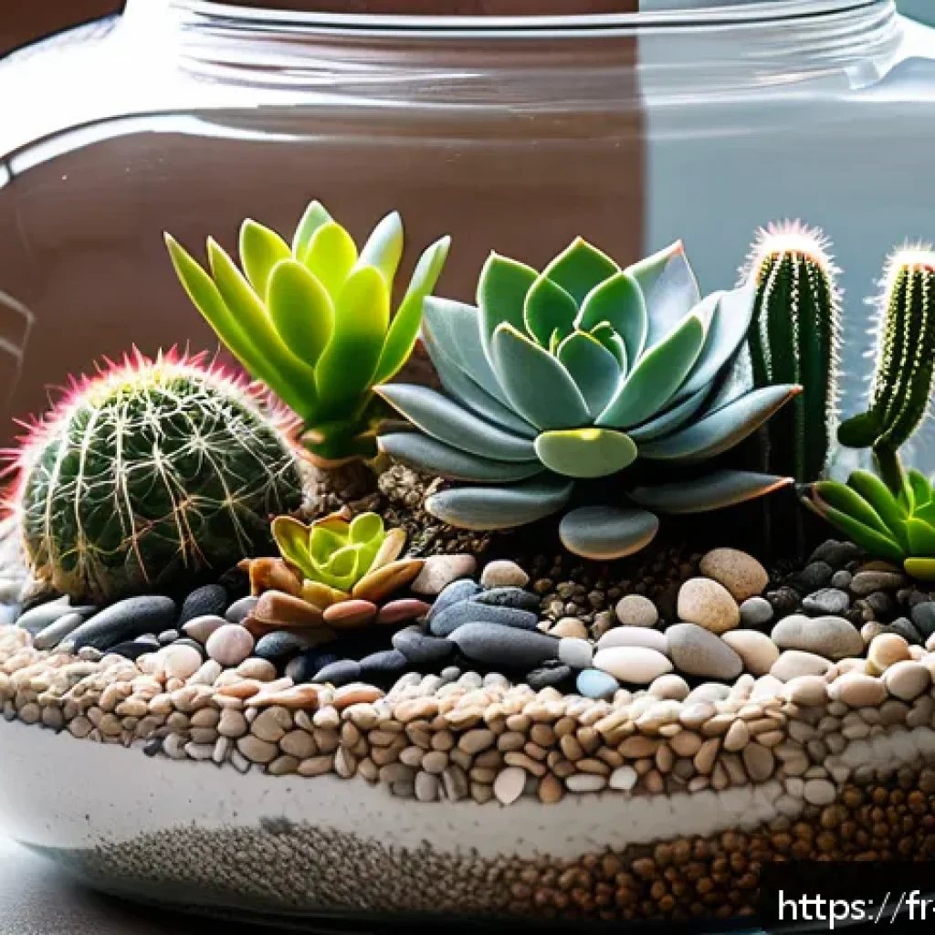유리병을 활용한 실내 가드닝 - A modern miniature garden inside a wide, shallow glass jar with a large neck opening, featuring a va...