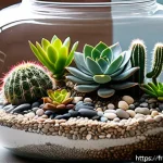 유리병을 활용한 실내 가드닝 - A modern miniature garden inside a wide, shallow glass jar with a large neck opening, featuring a va...