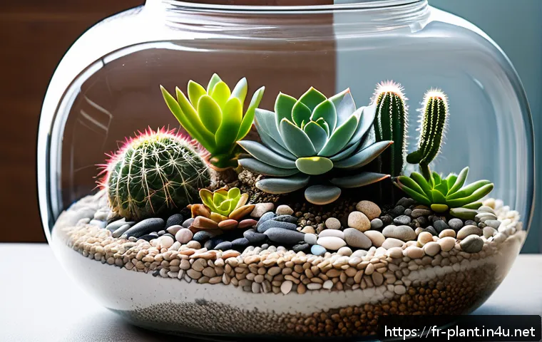 유리병을 활용한 실내 가드닝 - A modern miniature garden inside a wide, shallow glass jar with a large neck opening, featuring a va...