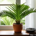 코코넛야자 키우기 - A bright indoor tropical corner featuring a healthy coconut palm tree placed near an east-facing win...