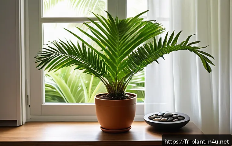 코코넛야자 키우기 - A bright indoor tropical corner featuring a healthy coconut palm tree placed near an east-facing win...