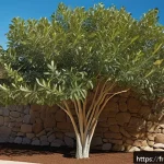 유칼립투스 키우기 및 활용법 - A vibrant eucalyptus tree planted in a sunlit Mediterranean garden, surrounded by well-drained, sand...