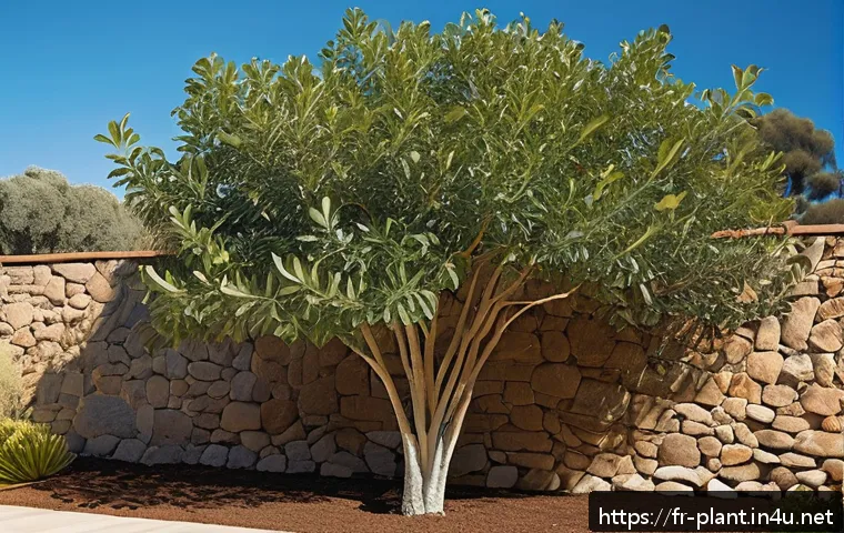 유칼립투스 키우기 및 활용법 - A vibrant eucalyptus tree planted in a sunlit Mediterranean garden, surrounded by well-drained, sand...
