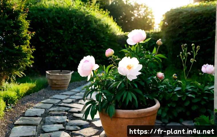 모란 키우는 법 - Photorealistic French cottage garden in late spring, a mature peony plant with large blush-pink bloo...